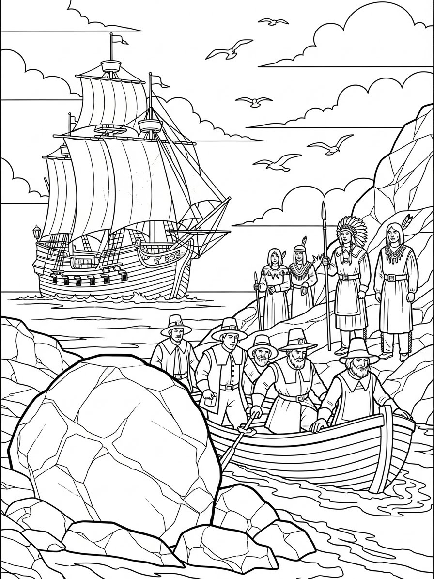 Desenho de Peregrino em um barco com uma nau ao fundo