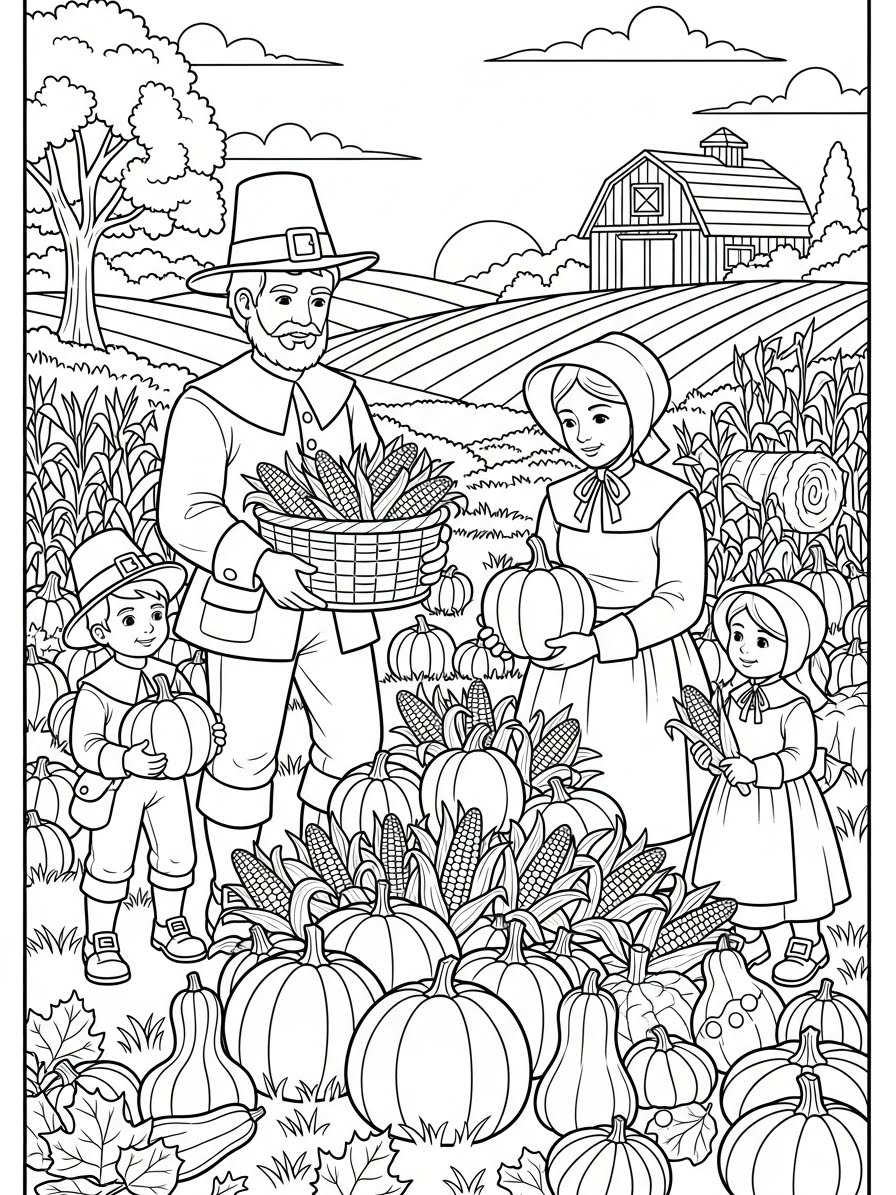 Desenho de Peregrino colhendo abóboras para colorir