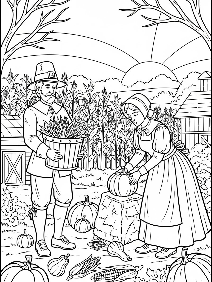 Desenho de Peregrino colhendo abóbora e milho para colorir