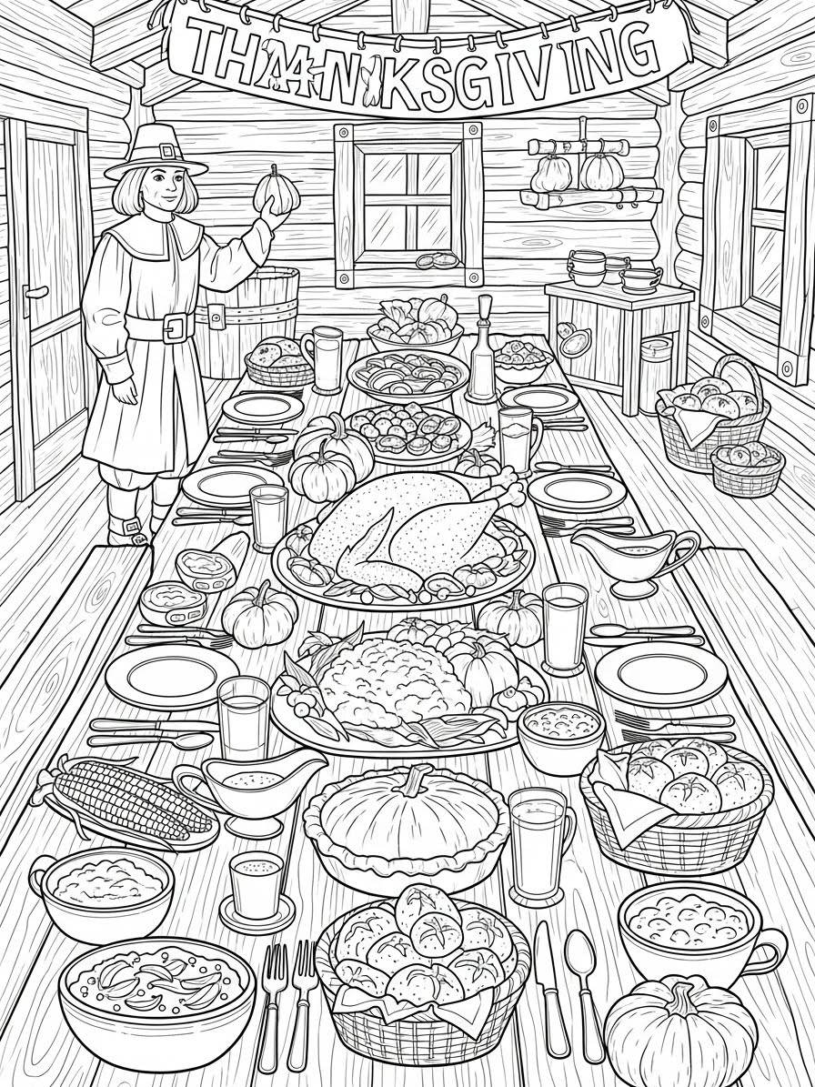 Desenho de Peregrino em uma ceia de Ação de Graças para colorir