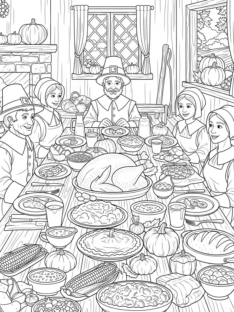 Desenho de Peregrinos em um jantar farto para colorir