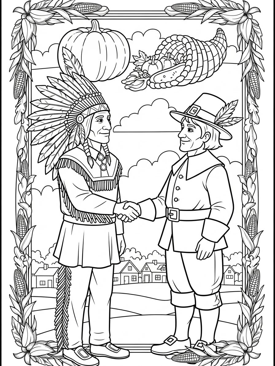 Desenho de Peregrino e indígena se apertando a mão