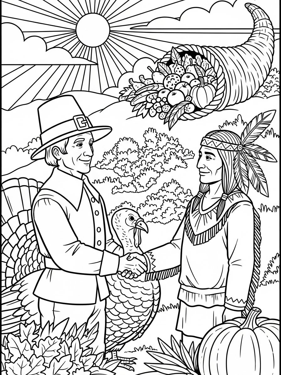 Desenho de Peregrino e nativo americano para colorir