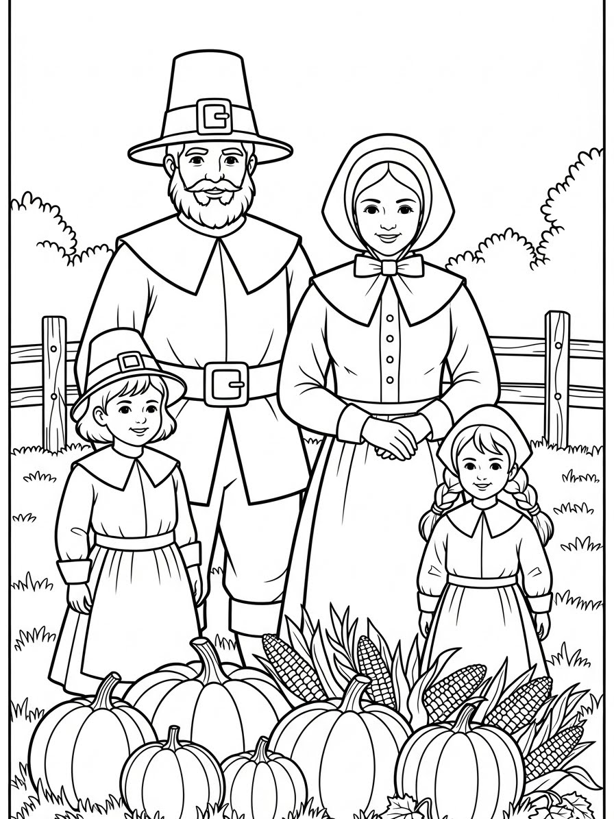 Desenho de Peregrinos com abóboras para colorir