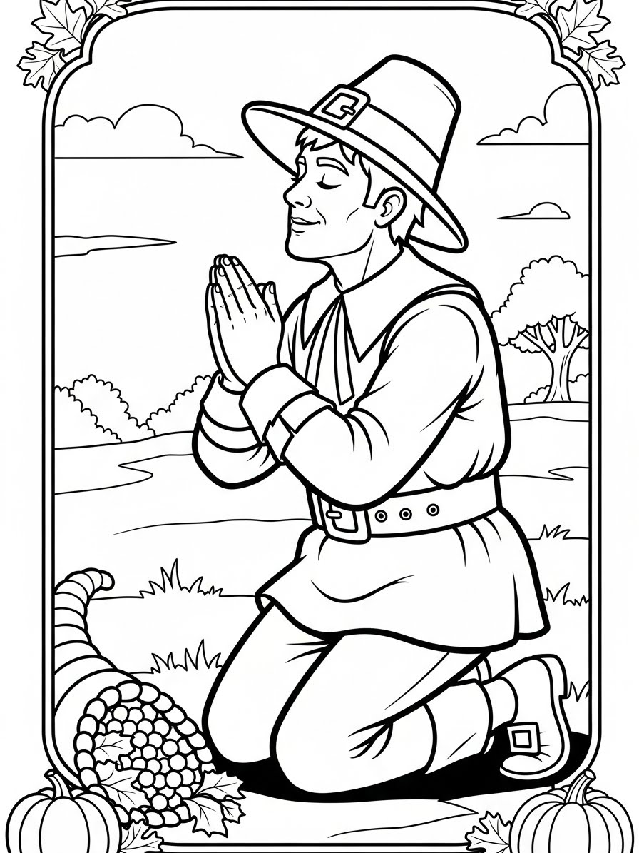 Desenho de Peregrino orando de joelhos para colorir