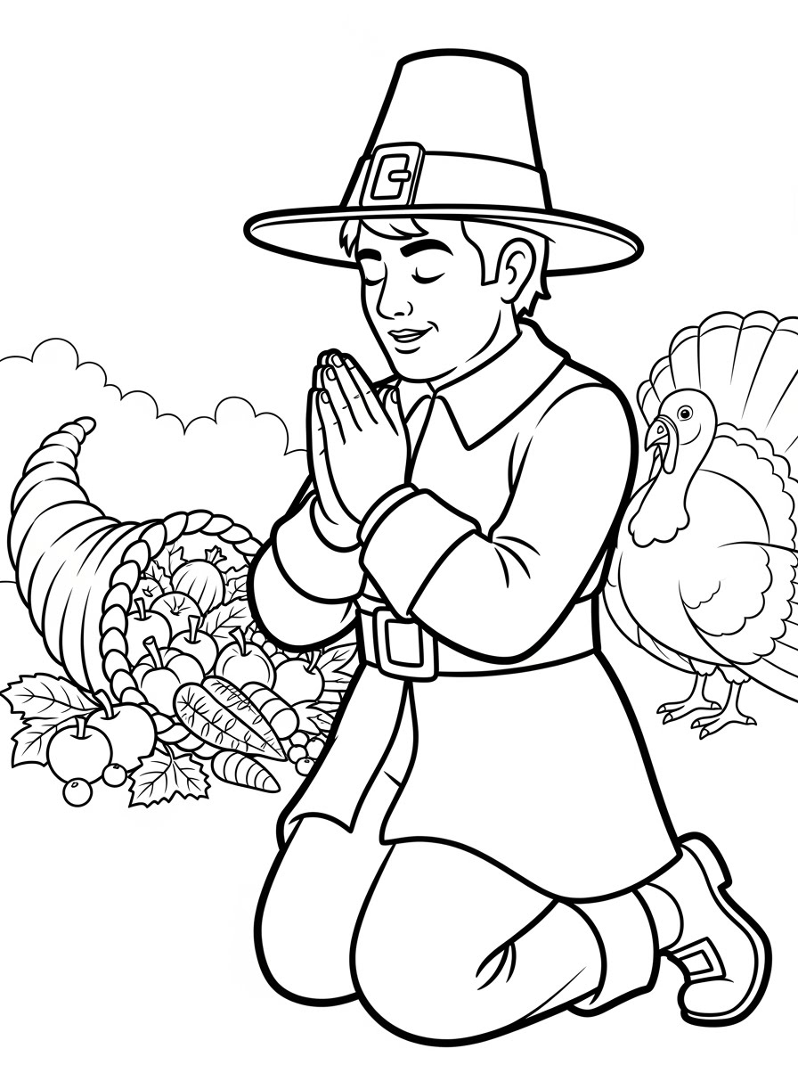 Desenho de Peregrino em oração com peru e cornucópia