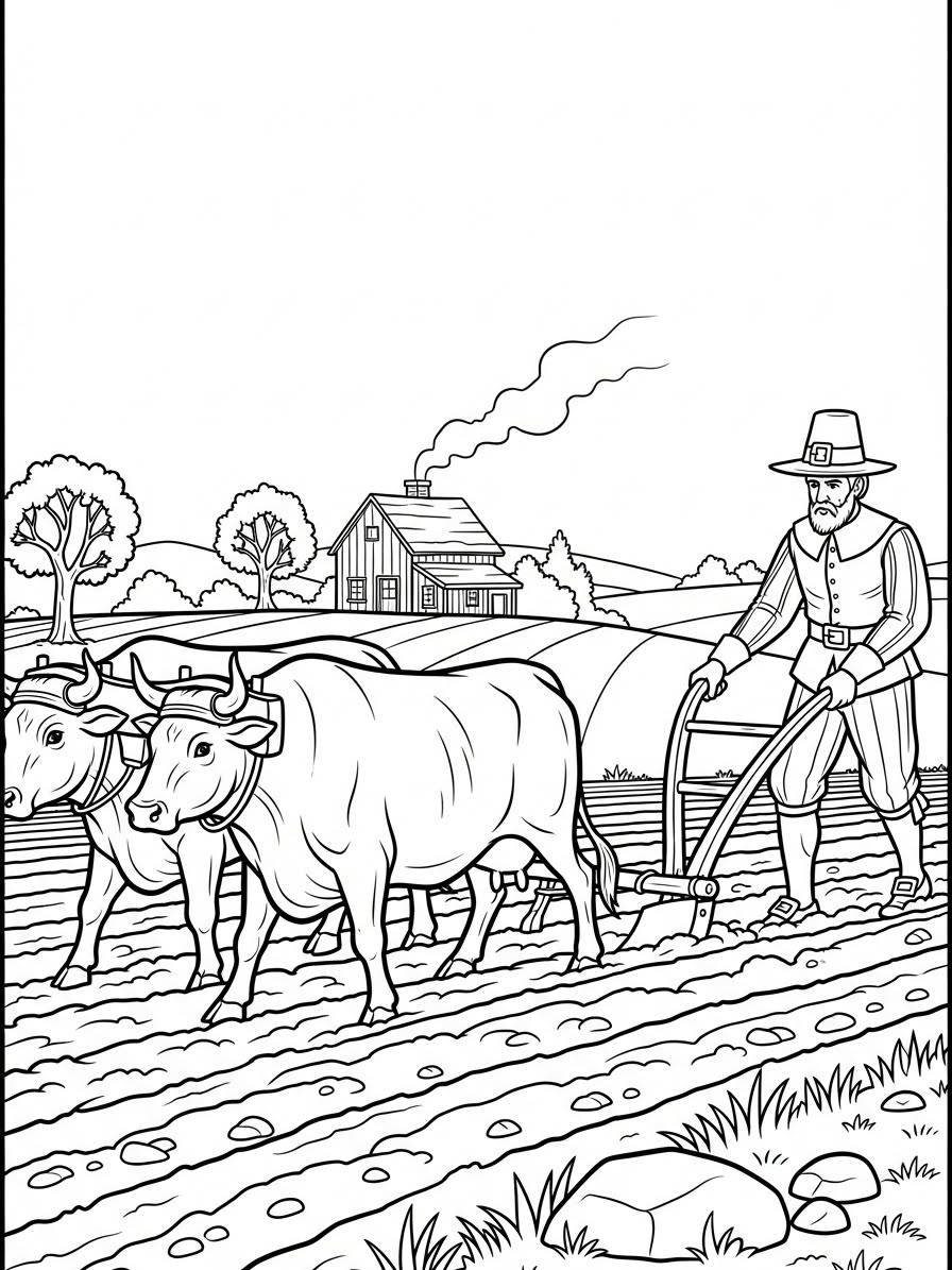 Desenho de Peregrino arando a terra com bois para colorir