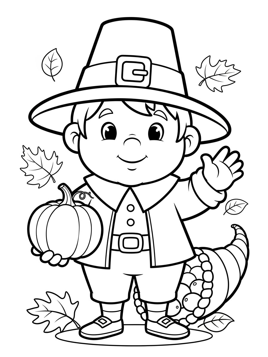 Desenho de Peregrino com abóbora e folhas para colorir