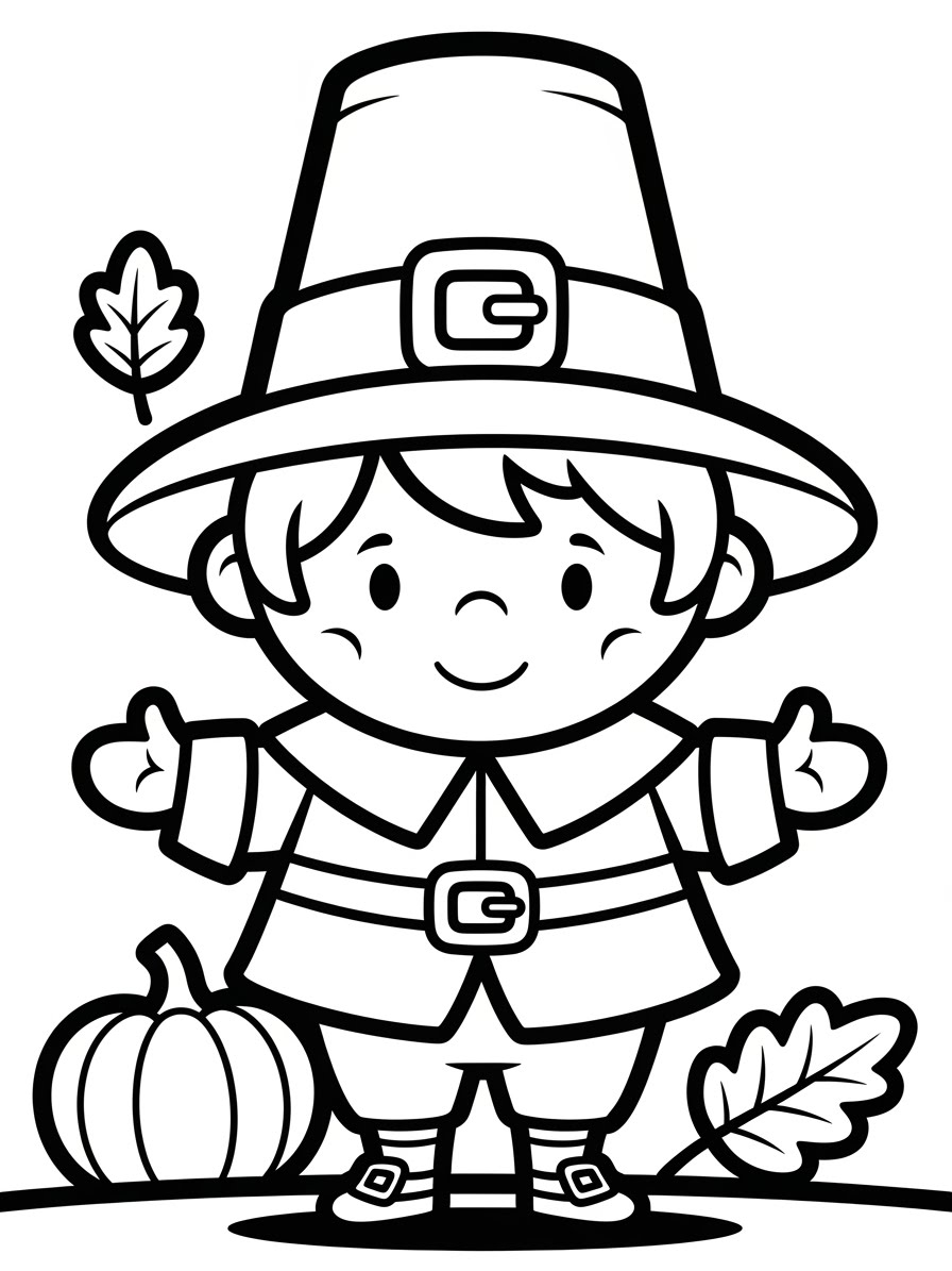 Desenho de Peregrino com abóbora e folhas para colorir