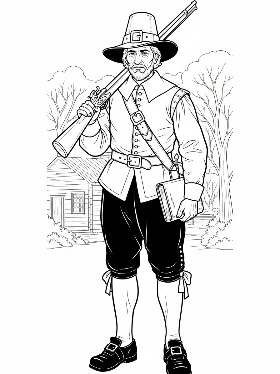 Desenho de Peregrino com um livro e um mosquete para colorir