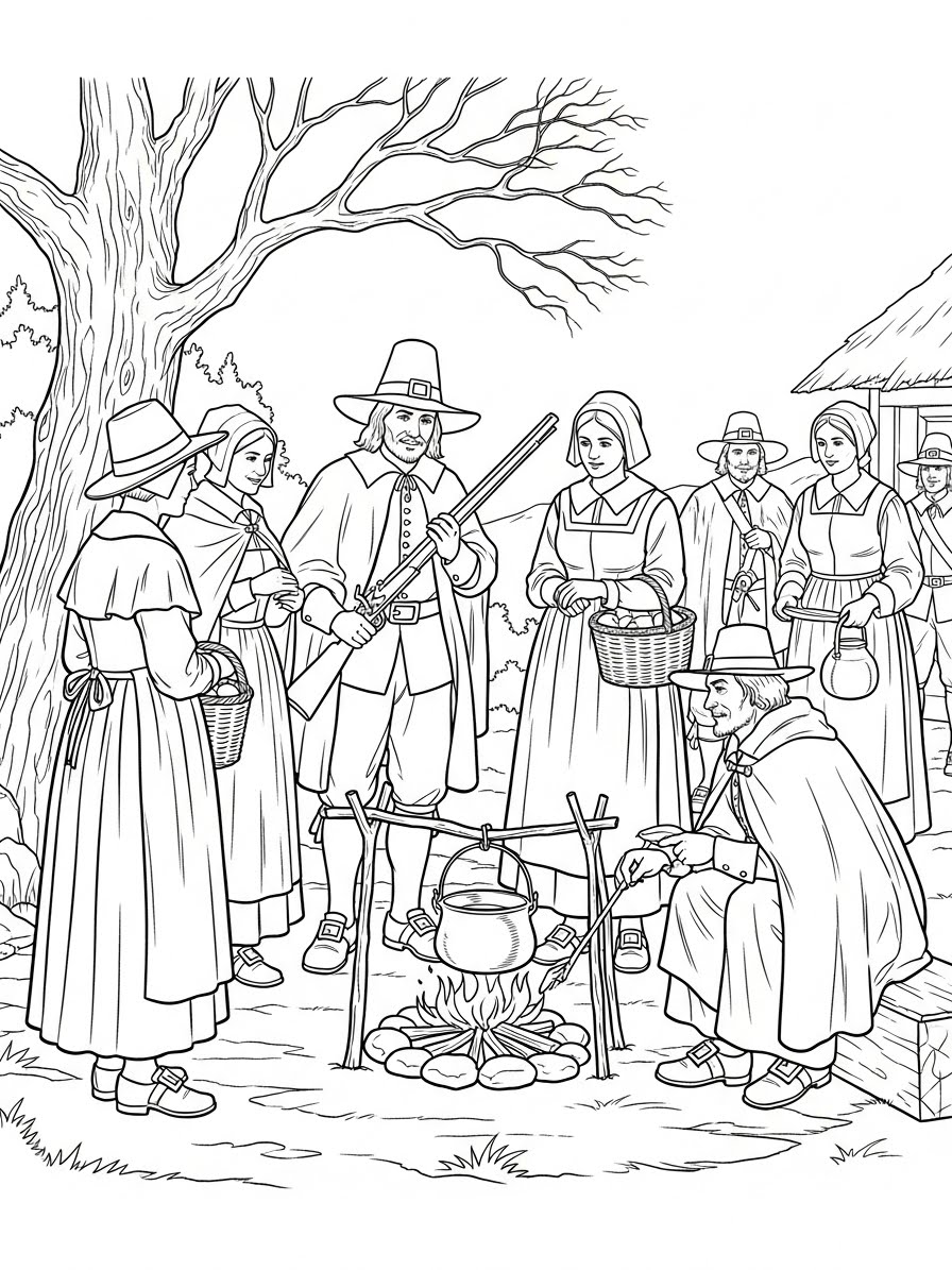 Desenho de Peregrino em volta de uma fogueira para colorir