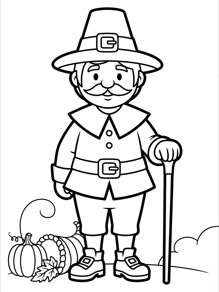 Desenho de Peregrino com bastão e abóbora para colorir