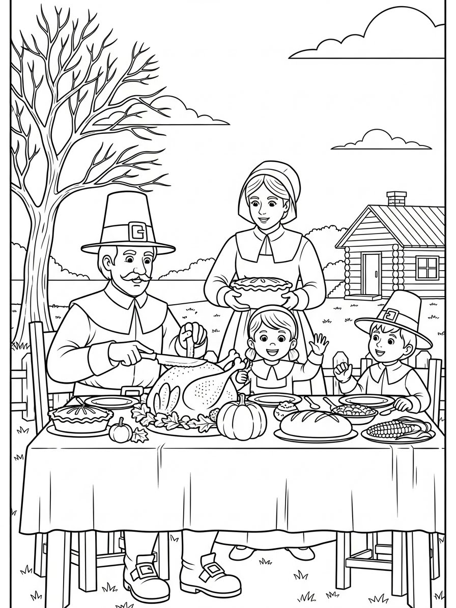 Desenho de Peregrino em mesa com comida para colorir