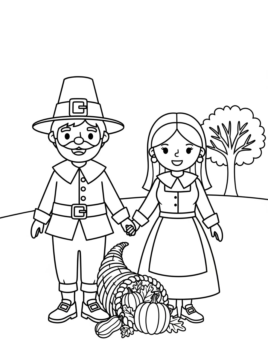 Desenho de Peregrino com mulher e cornucópia para colorir