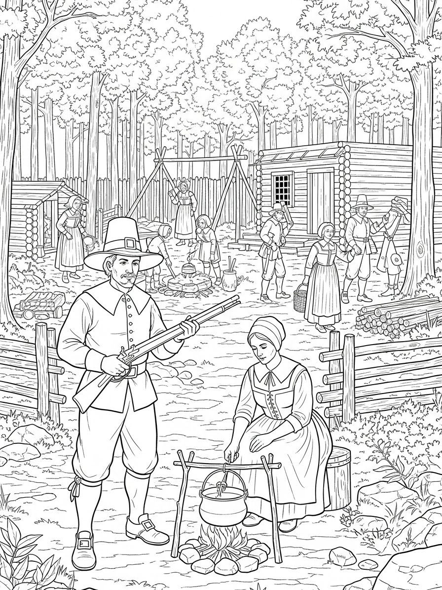 Desenho de Peregrino em uma aldeia para colorir