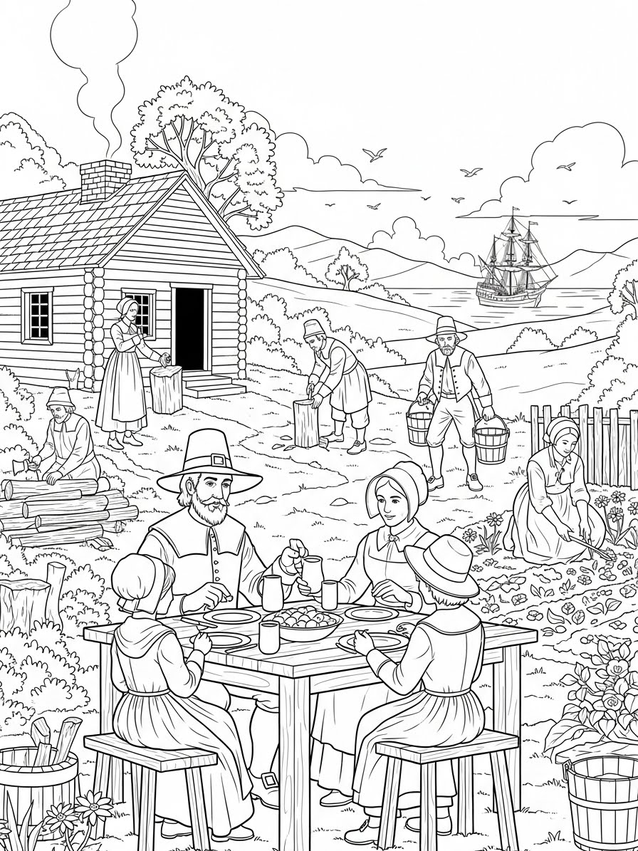 Desenho de Peregrinos em um piquenique para colorir