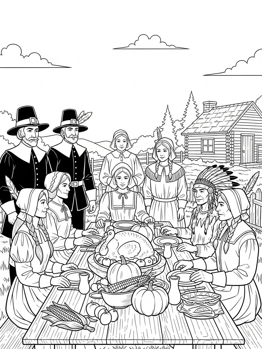 Desenho de Peregrinos e nativos em uma refeição para colorir