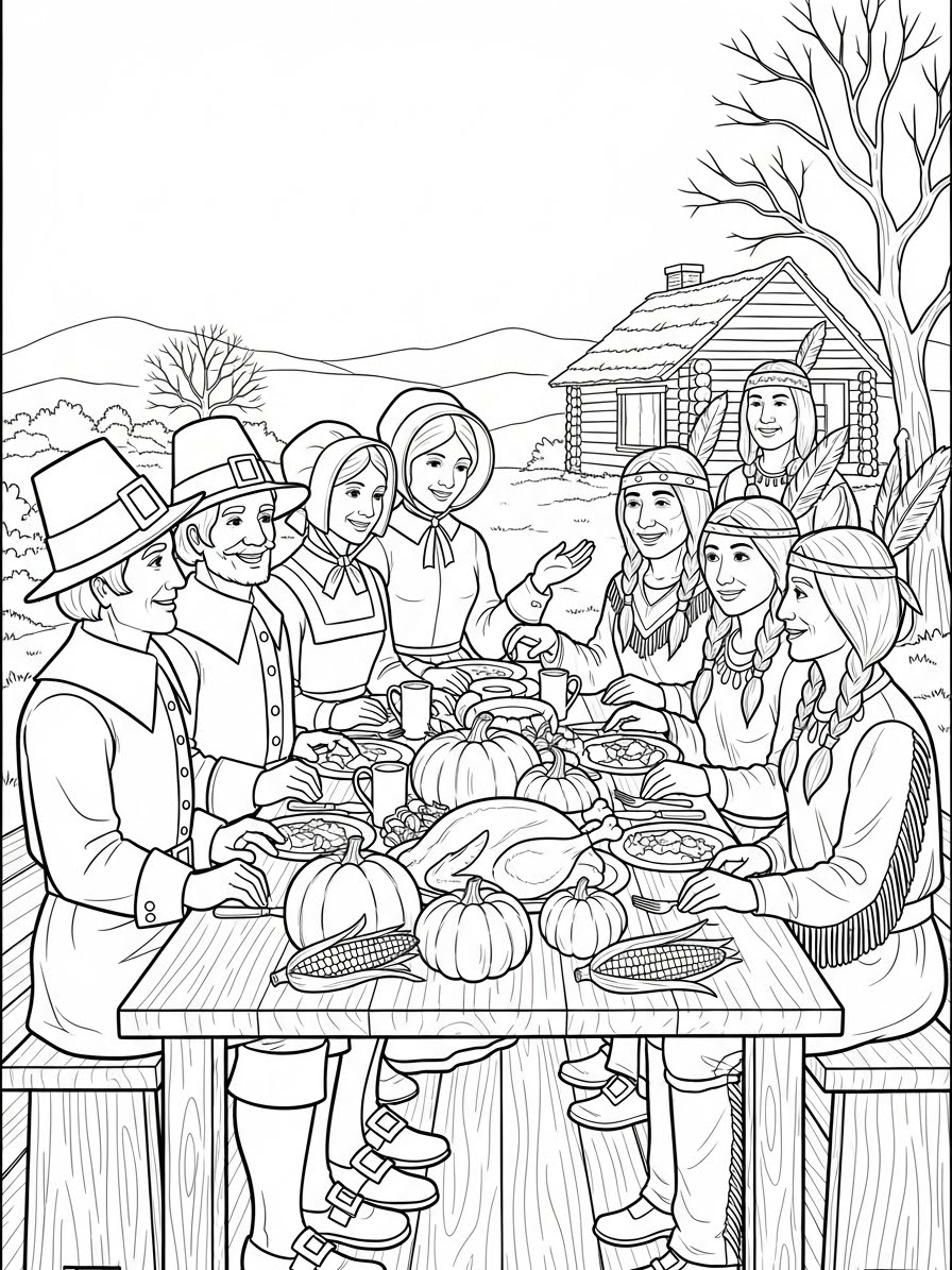 Desenho de Peregrinos em um banquete para colorir
