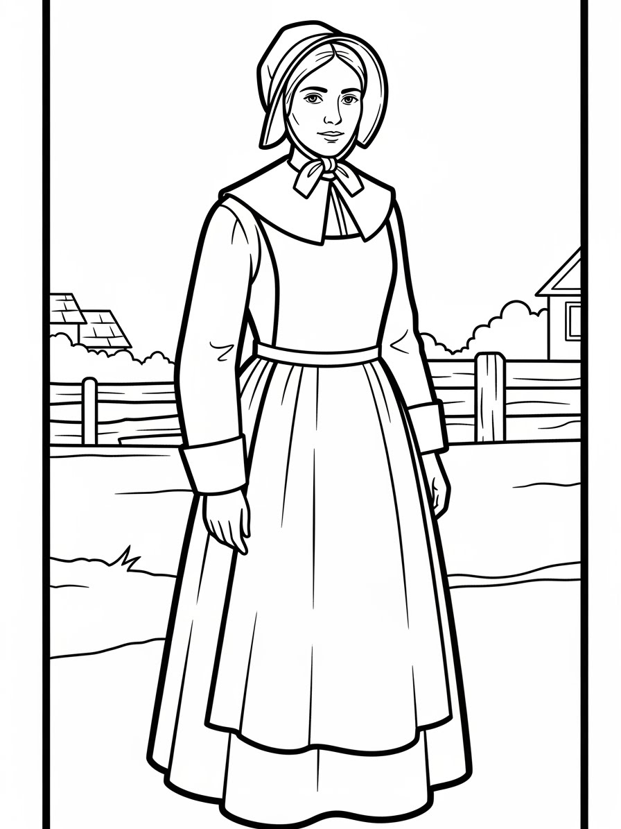 Desenho de Peregrino mulher com vestido longo para colorir