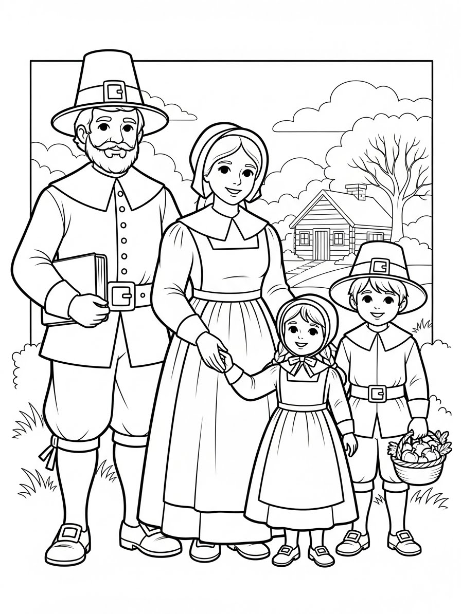 Desenho de Peregrinos em família para colorir