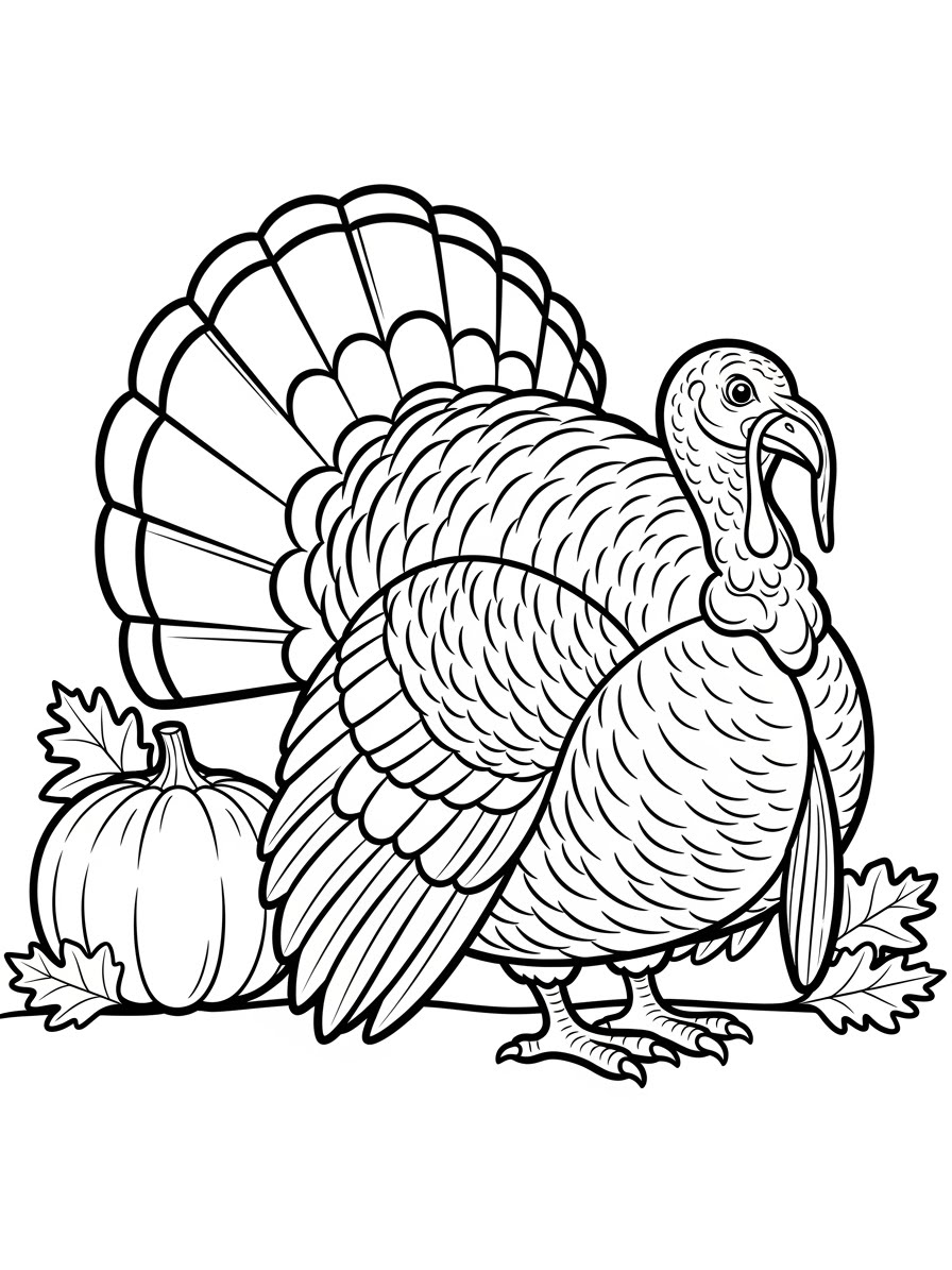 Desenho de Peru com abóbora e folhas para colorir