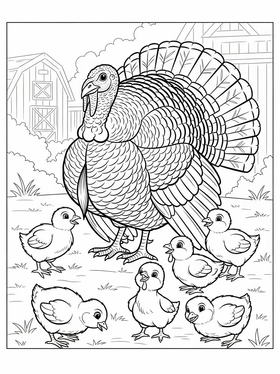 Desenho de Peru com filhotes de pintinhos para colorir