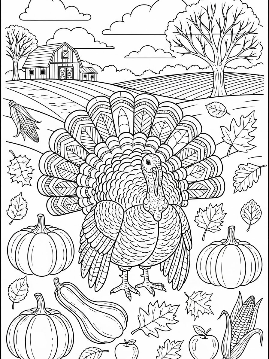 Desenho de Peru com elementos da natureza para colorir