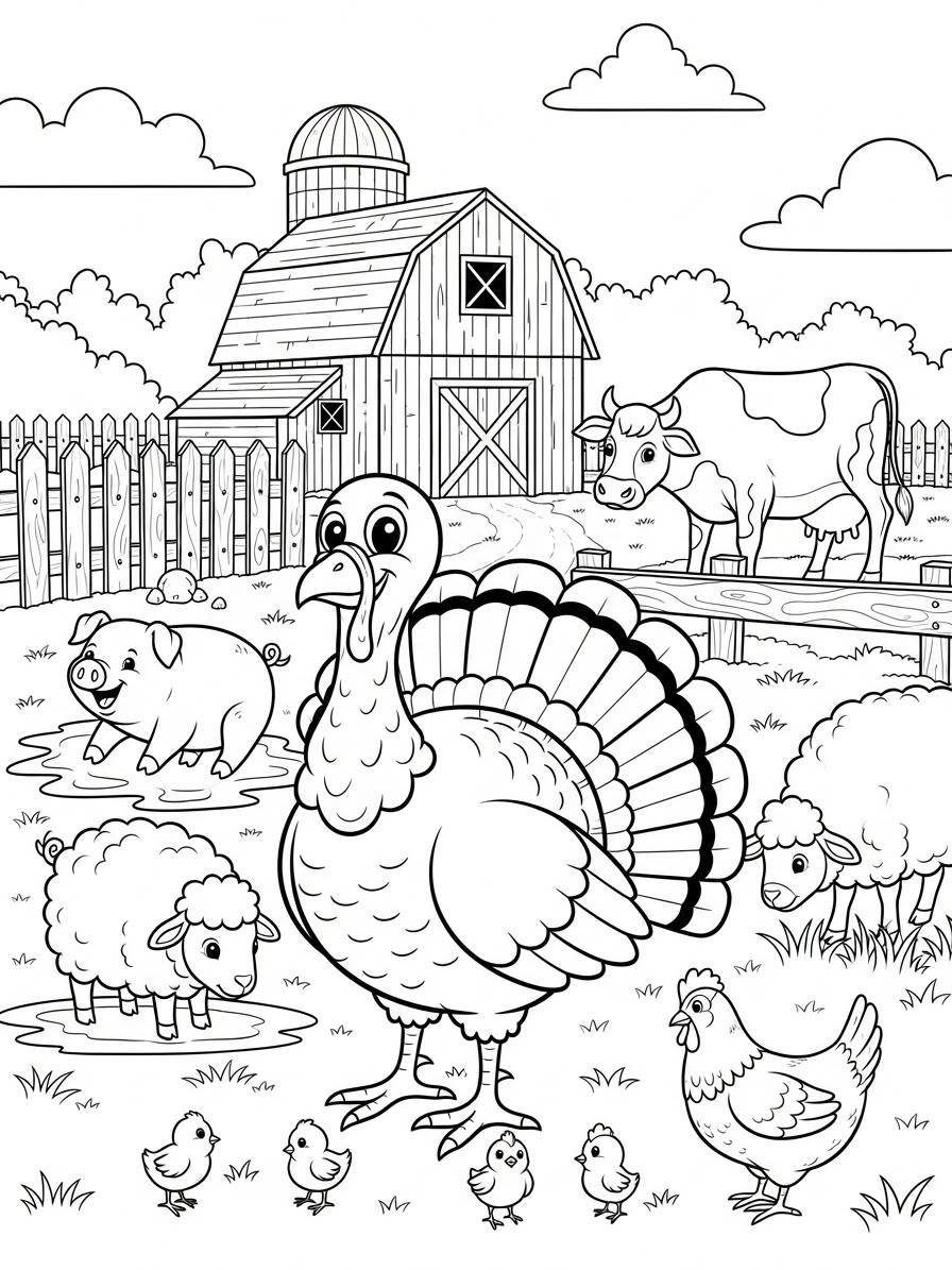 Desenho de Peru em fazenda com outros animais para colorir