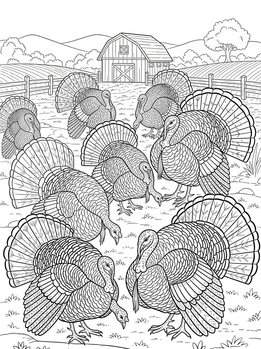 Desenho de Peru em ambiente rural para colorir