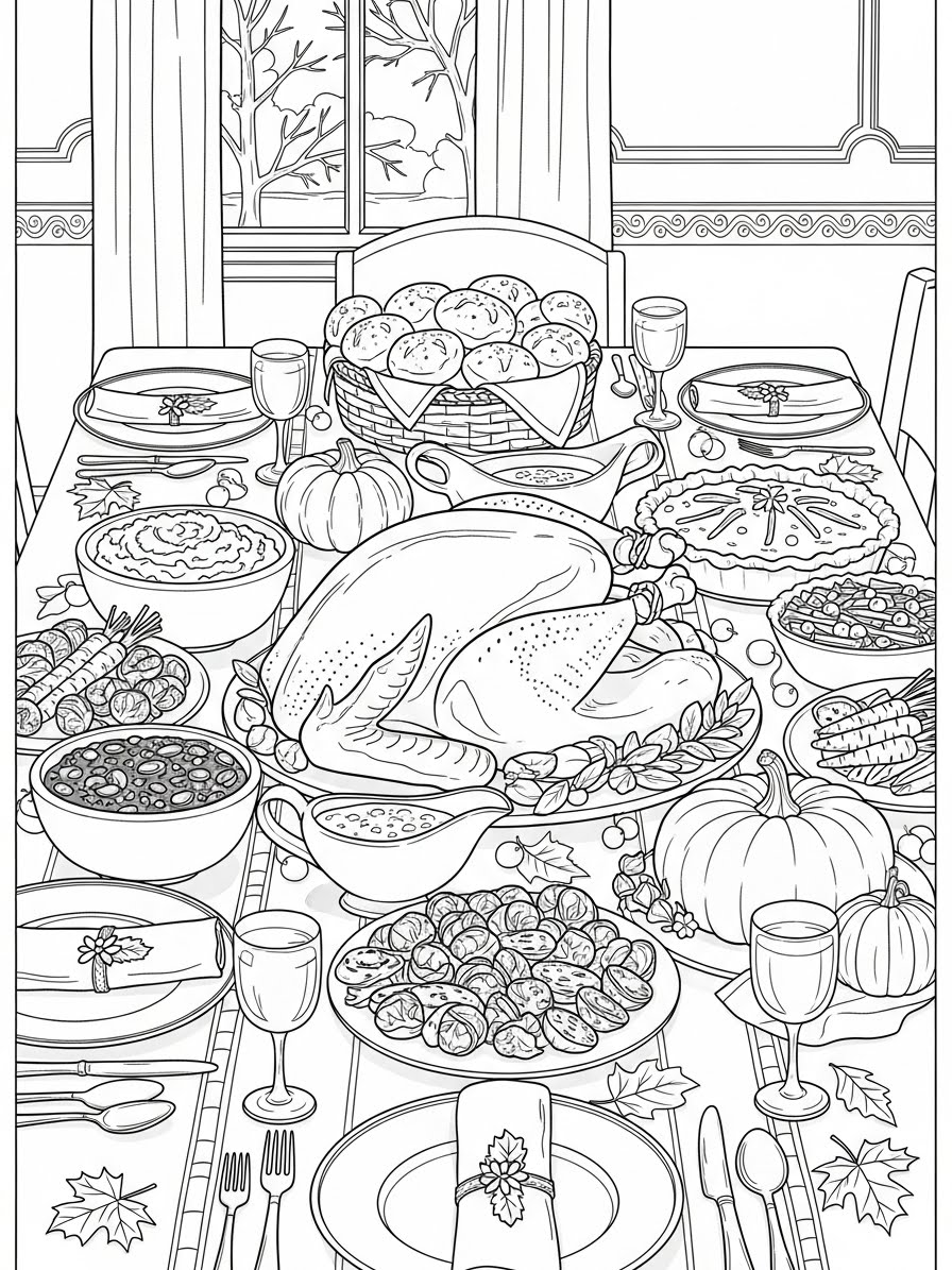 Desenho de Peru em mesa farta para colorir