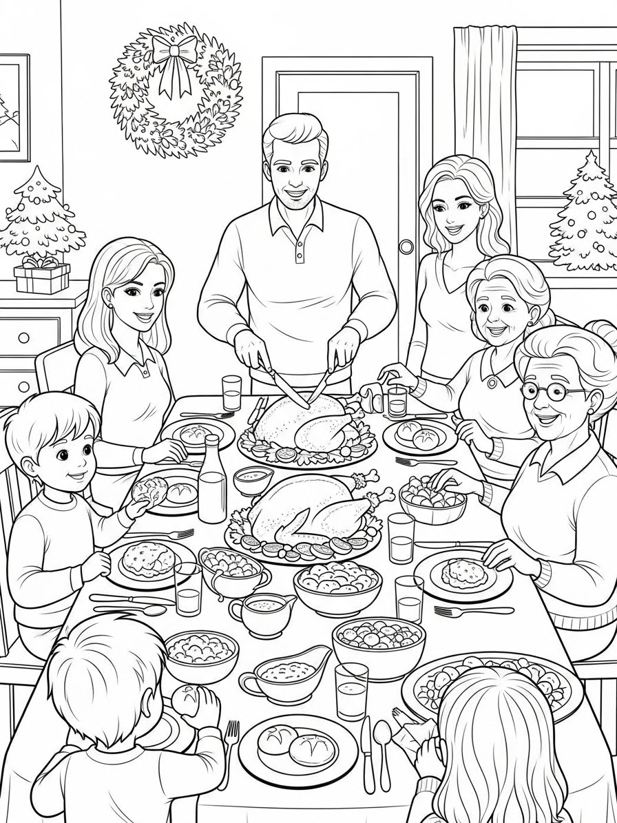 Desenho de Peru na ceia de Natal para colorir