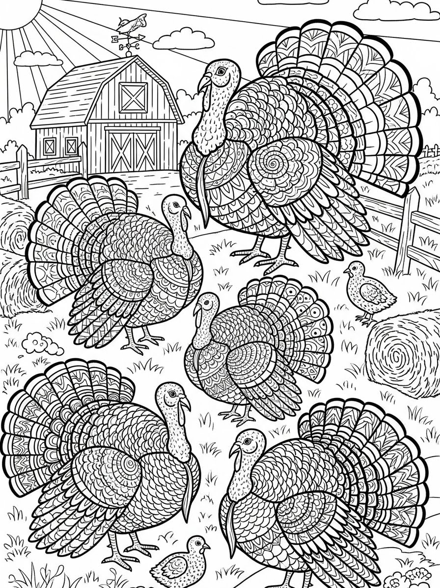 Desenho de Peru em fazenda com detalhes para colorir