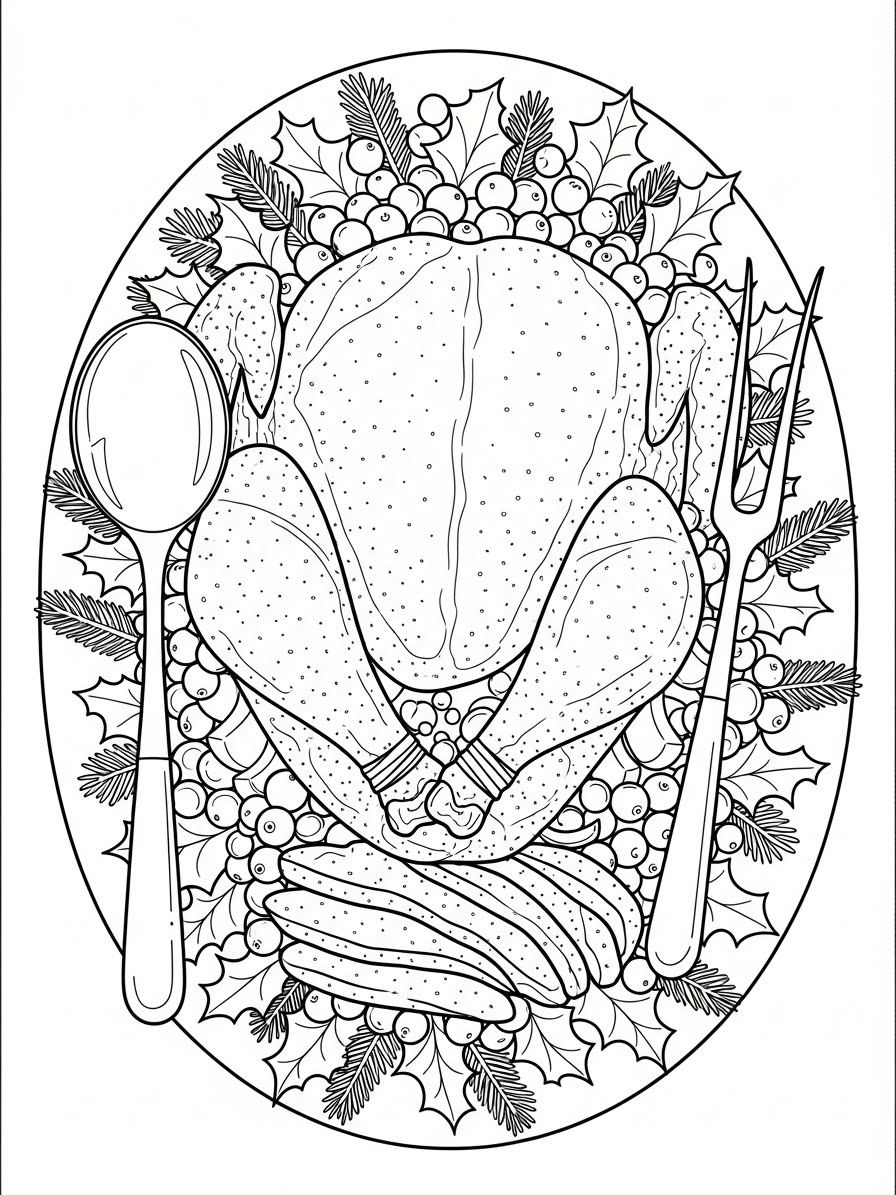 Desenho de Peru assado em prato com utensílios de cozinha