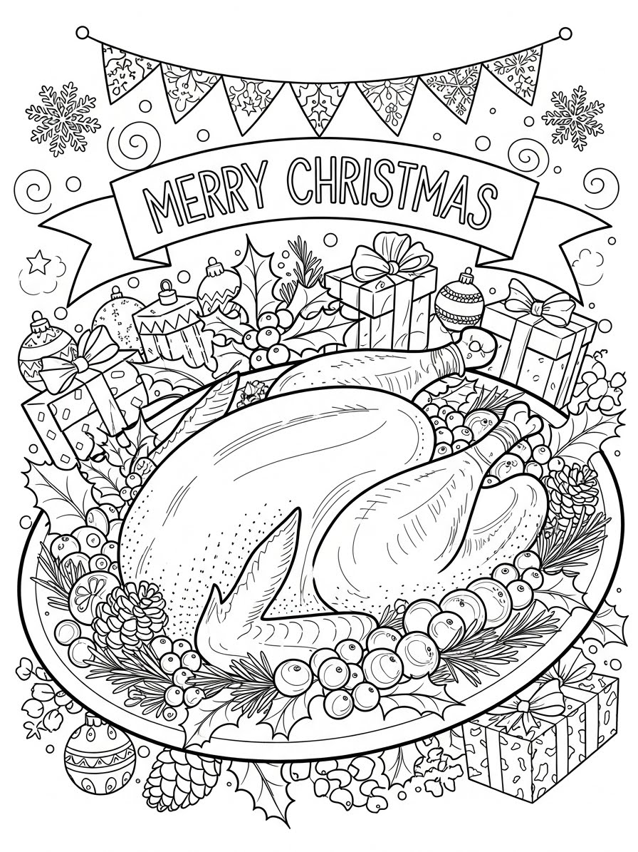 Desenho de Peru com presentes e decoração de natal para colorir