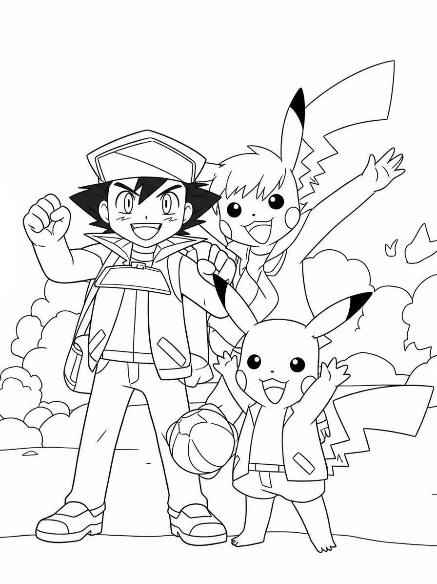 Desenho do Pikachu e Ash felizes para colorir