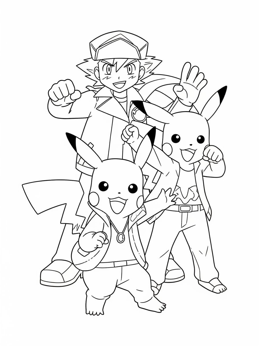 Desenho do Pikachu e Ash em grupo para colorir
