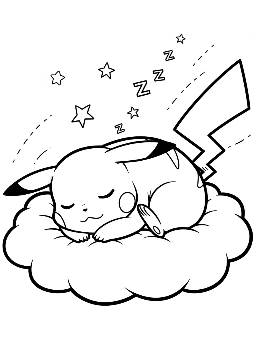 Desenho do Pikachu dormindo em uma nuvem para colorir