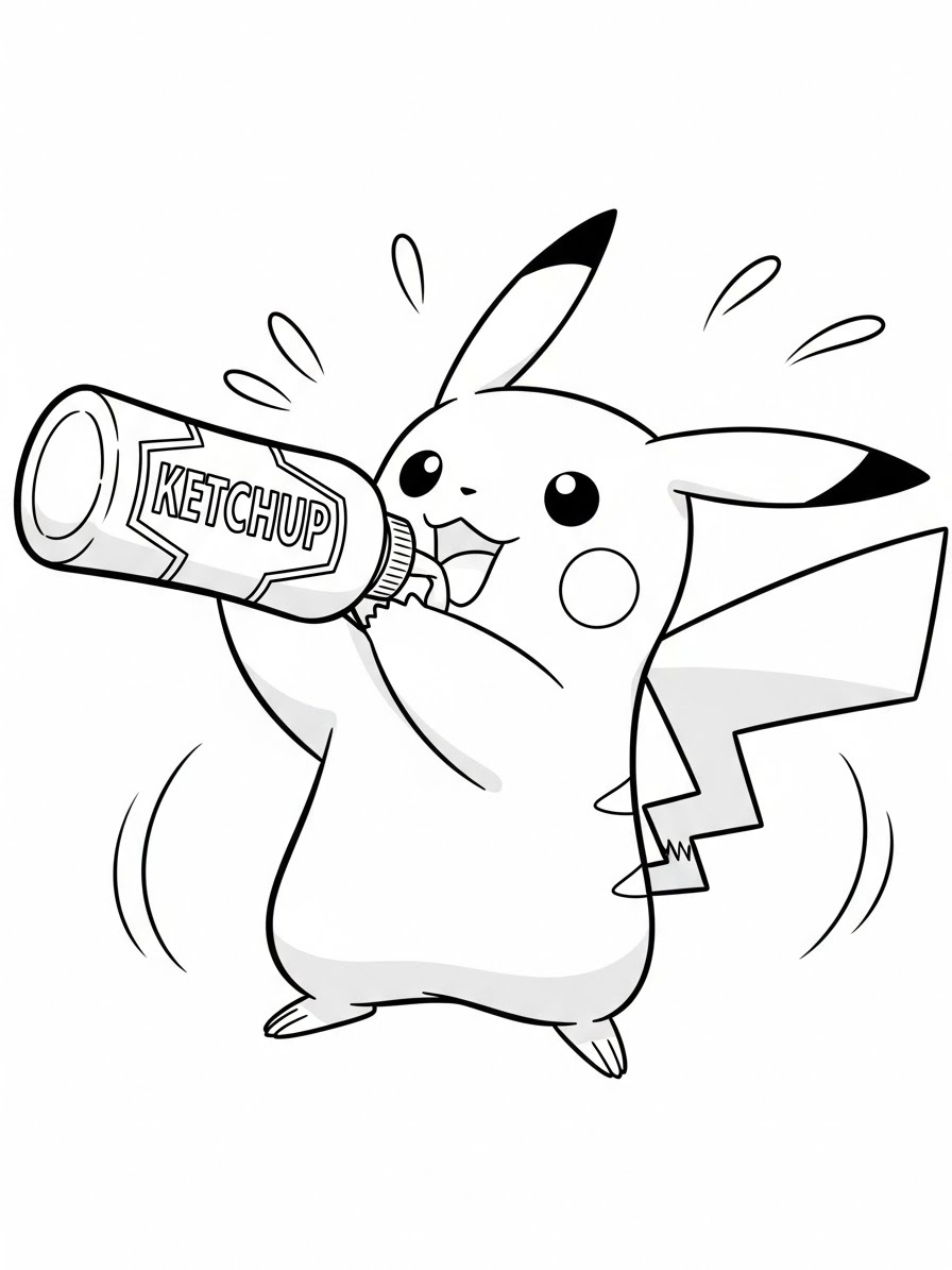 Desenho do Pikachu segurando ketchup para colorir