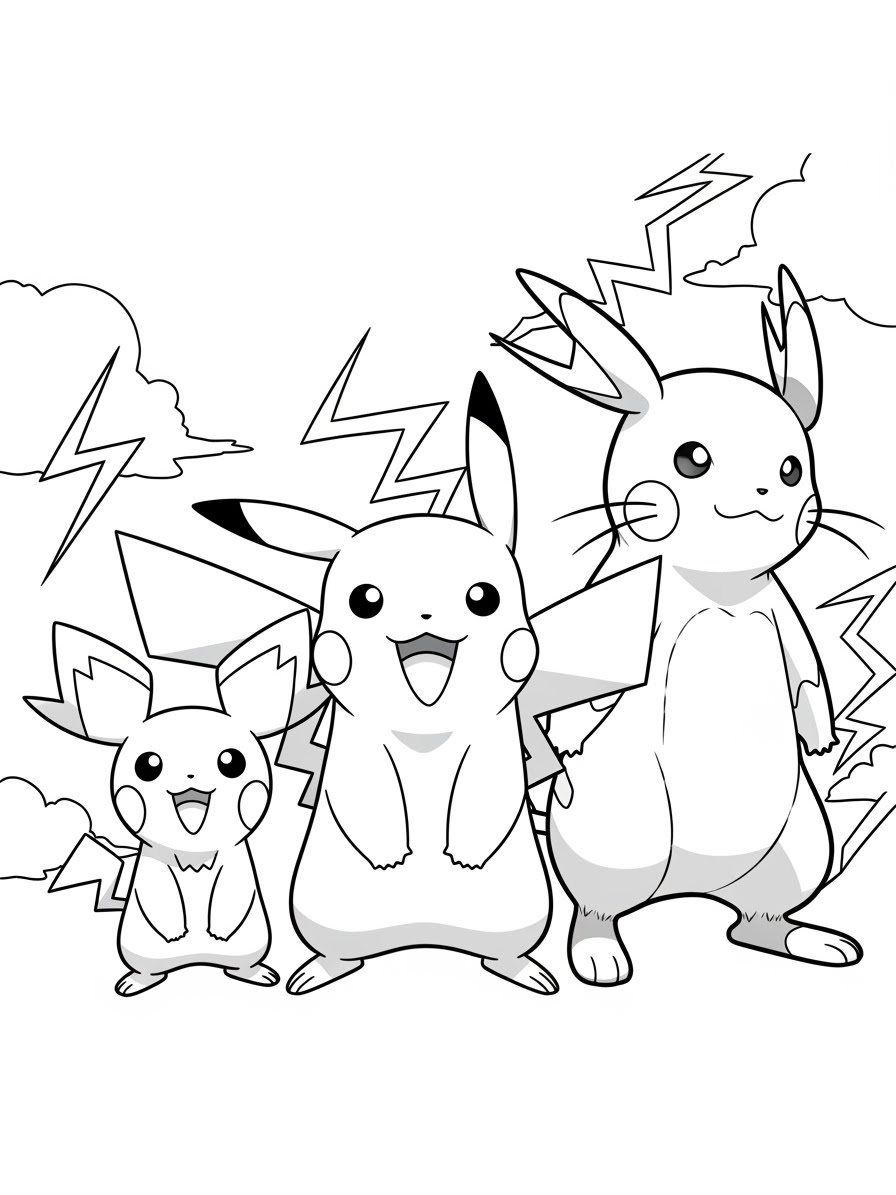 Desenho do Pikachu e amigos sorrindo para colorir