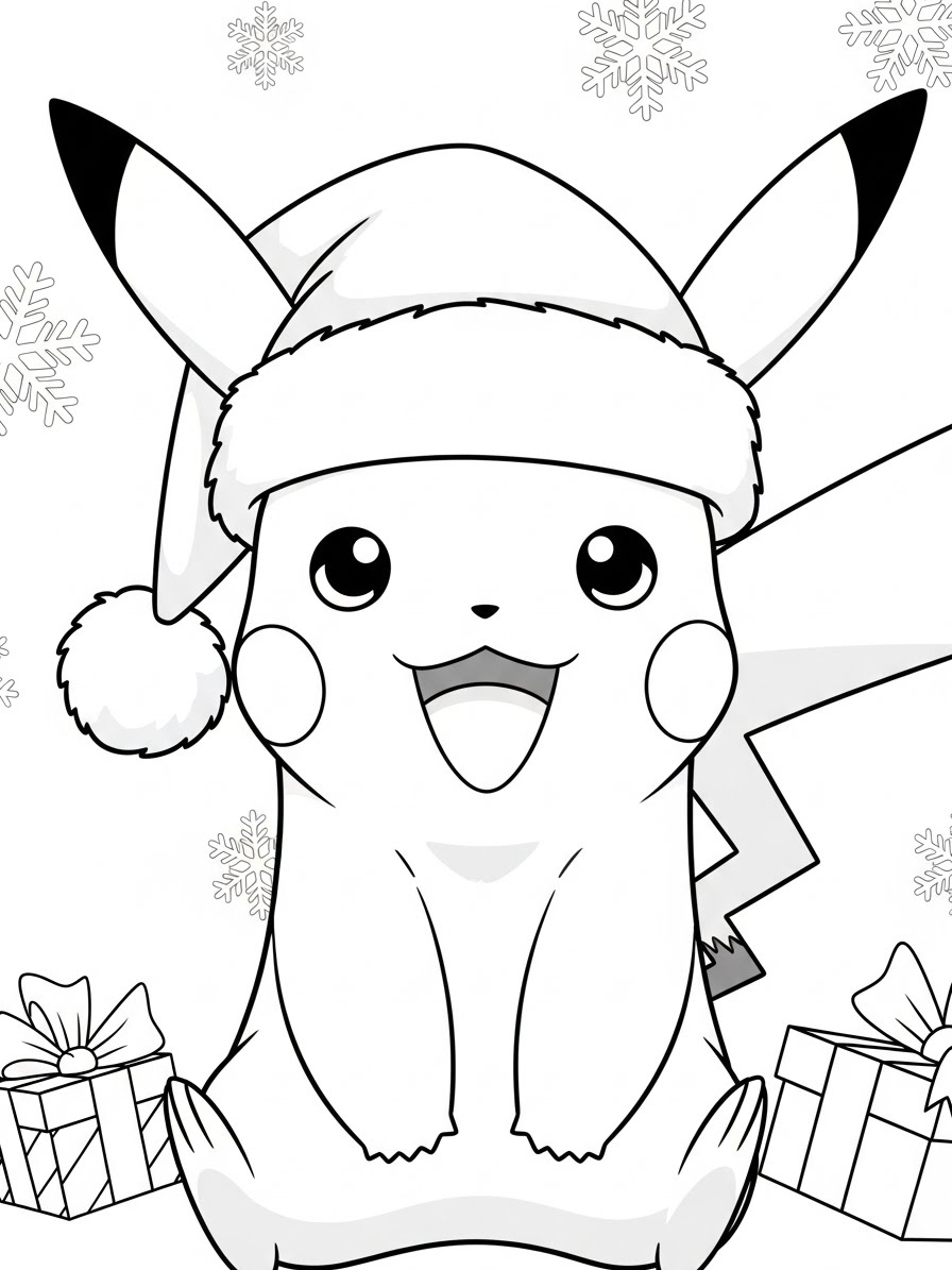 Desenho do Pikachu usando um chapéu de natal para colorir