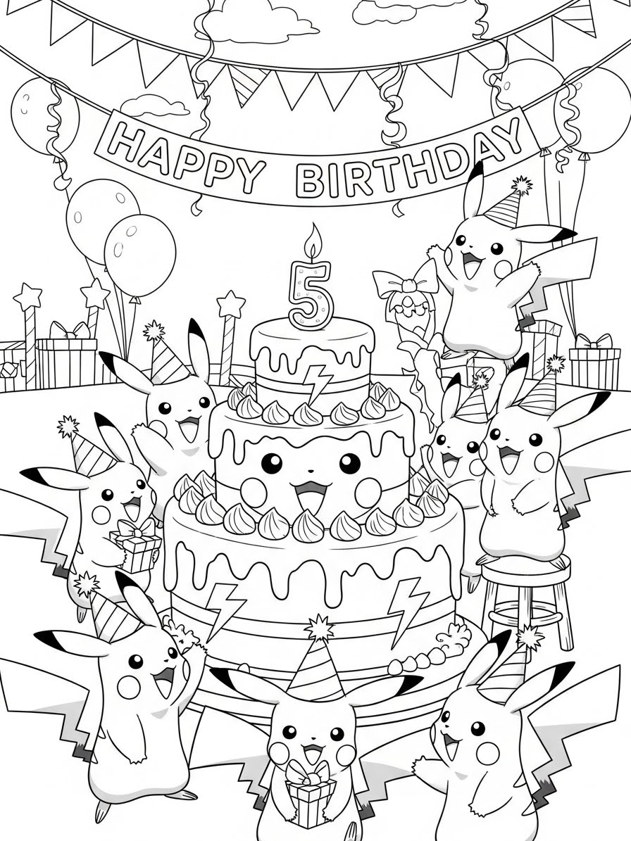 Desenho do Pikachu festejando aniversário para colorir