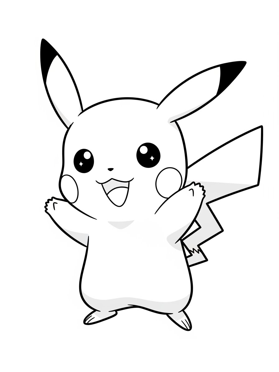 Desenho do Pikachu sorrindo e levantando as mãos para colorir