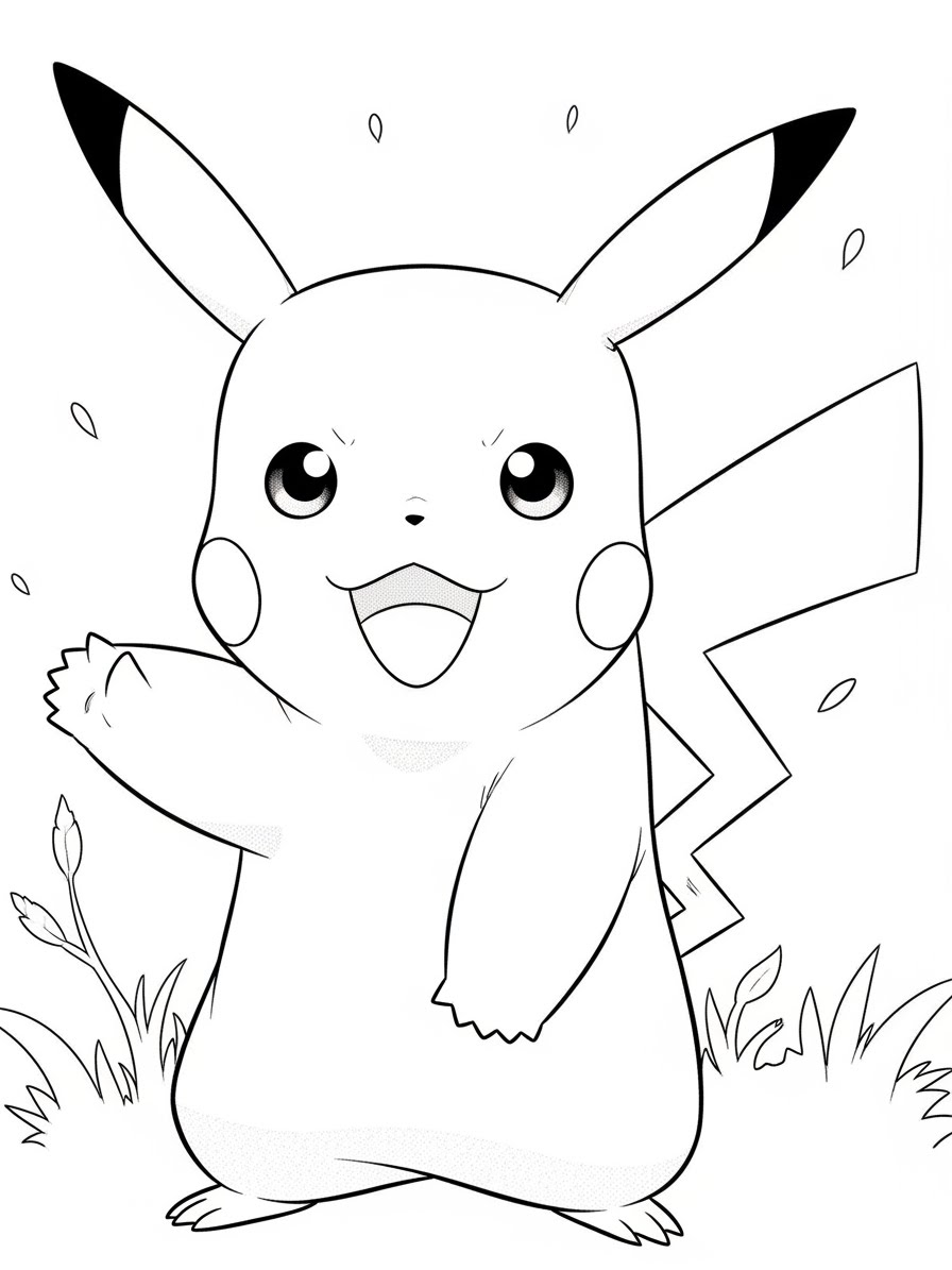 Desenho do Pikachu sorridente levantando a pata para colorir