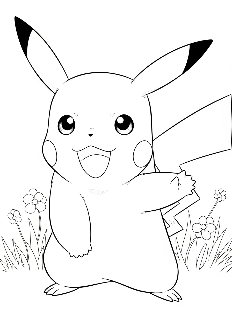 Desenho do Pikachu sorrindo e levantando a pata para colorir