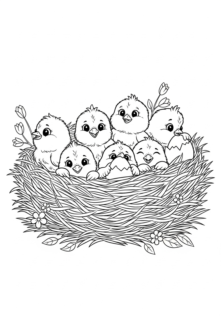 Desenho de Pintinhos em um ninho para colorir