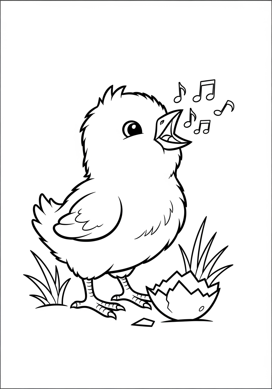 Desenho de Pintinho cantando e saindo do ovo para colorir