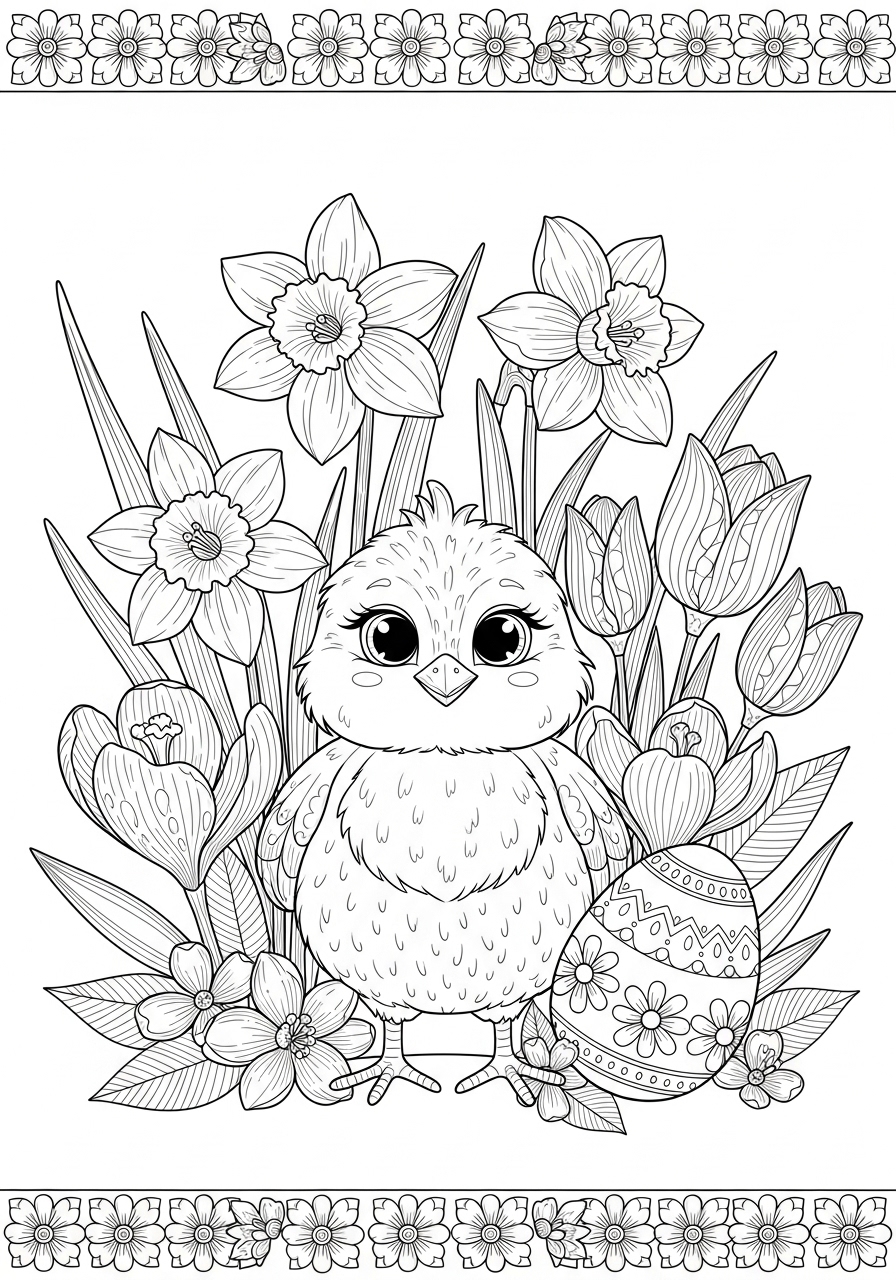 Desenho de Pintinho entre flores e ovo decorado para colorir