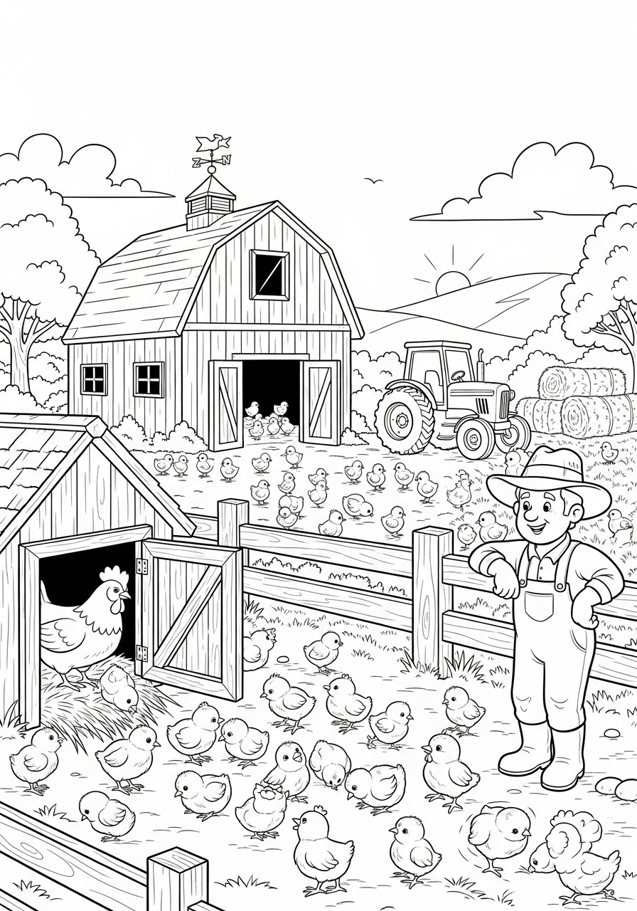 Desenho de Pintinhos em uma fazenda para colorir