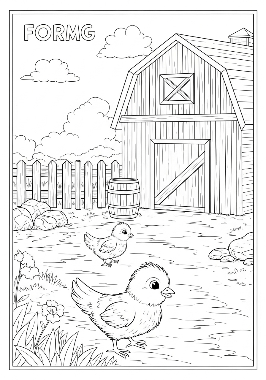 Desenho de Pintinho em frente ao galpão para colorir