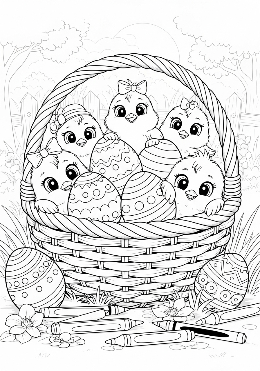 Desenho de Pintinhos em uma cesta com ovos para colorir